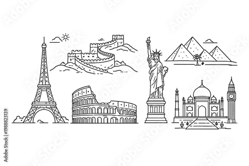 World Monuments Line Art Vector Illustration Set featuring Eiffel Tower, Great Wall of China, Statue of Liberty, Pyramids of Giza, Colosseum, Taj Mahal, and Big Ben for Travel and Tourism Concepts.