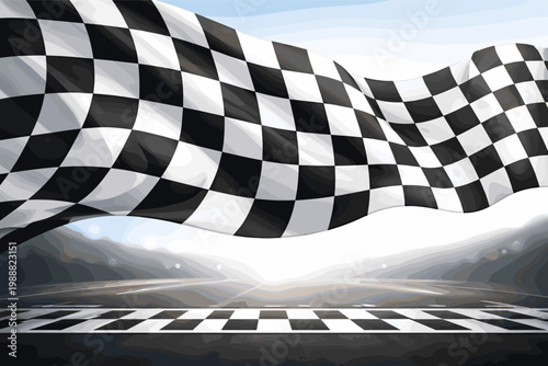 Realistic Waving Checkered Flag over a Race Track Finish Line, Vector Illustration of a Motor Sports Competition Background with Speed, Victory, and Achievement Symbols for Rally and Racing.