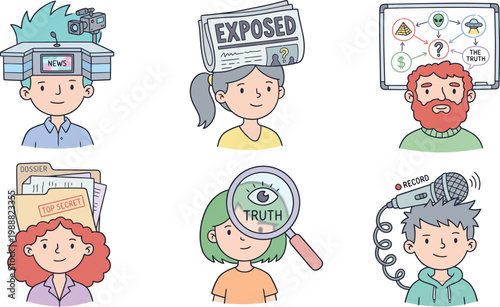 Set of cartoon characters representing concepts of news truth and investigation flat vector illustration for media and journalism