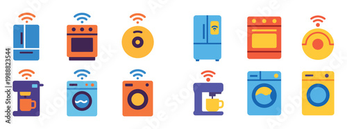Home appliance icons with fridge oven washer colorful flat