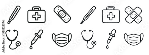 Medical icons with thermometer mask bandage outline
