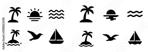 Travel icons with palm sun sailboat minimal