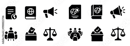 Civic icons with ballot megaphone document minimal