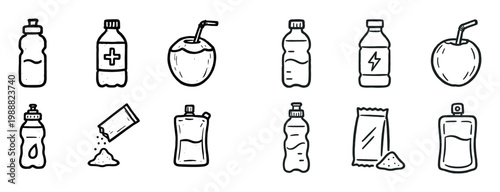 Beverage icons with bottle pouch coconut outline