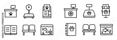 Pet care icons with paw scale aquarium minimal