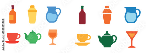 Beverage icons with bottle teapot cup flat colorful