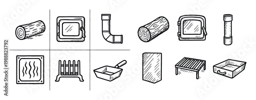 Home repair icons with log pipe radiator sketch