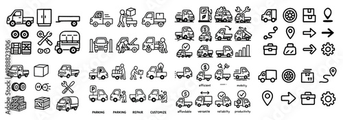 Logistics icons with truck van crate outline