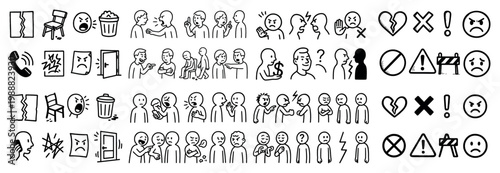 Conflict icons with people arguing warning outline
