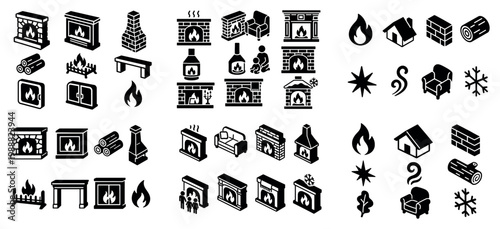 Hearth icons with fireplace log brick minimal
