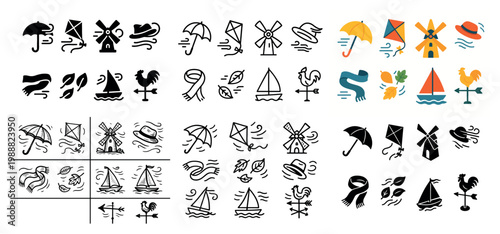 Wind icons with sailboat windmill umbrella colorful