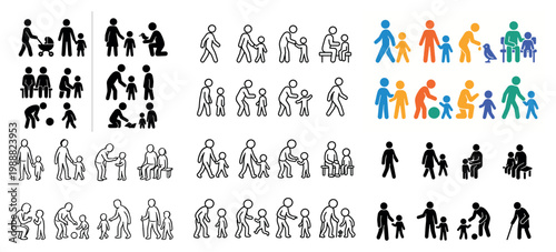 Family icons with parent child stroller minimal