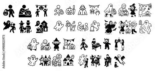 Halloween icons with ghost pumpkin witch outline