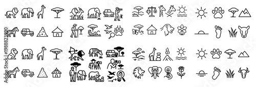 Safari icons with elephant giraffe lion outline minimal