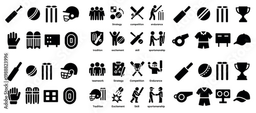 Sports icons with bat ball wicket solid