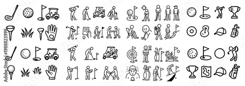 Golf icons with club ball cart flag trophy outline