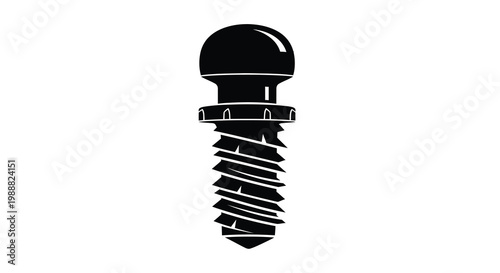 A black and white silhouette of a dental implant screw showcasing its threaded and head features