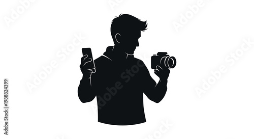 Silhouette of a photographer with camera and vr headset