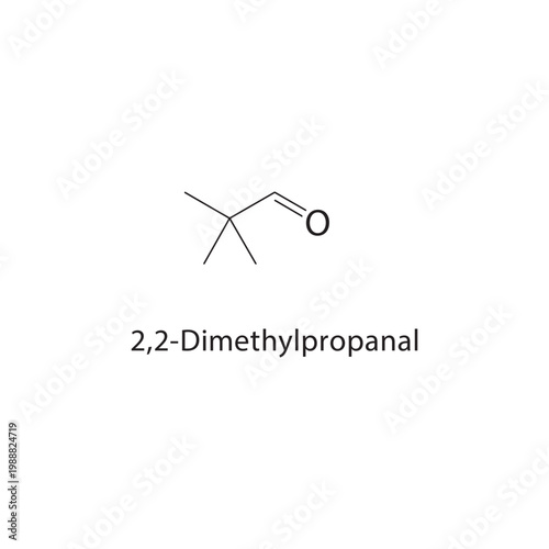 2,2-Dimethylpropanal skeletal structure. aldehyde compound schematic illustration. Simple diagram, chemical formula.
