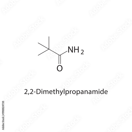 2,2-Dimethylpropanamide skeletal structure. amide compound schematic illustration. Simple diagram, chemical formula.
