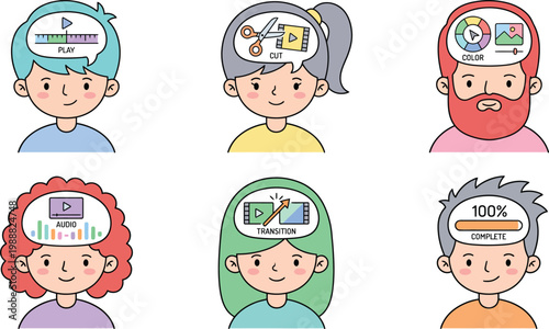 Diverse people with video editing concepts in their minds representing creative process and digital media production flat vector illustratio