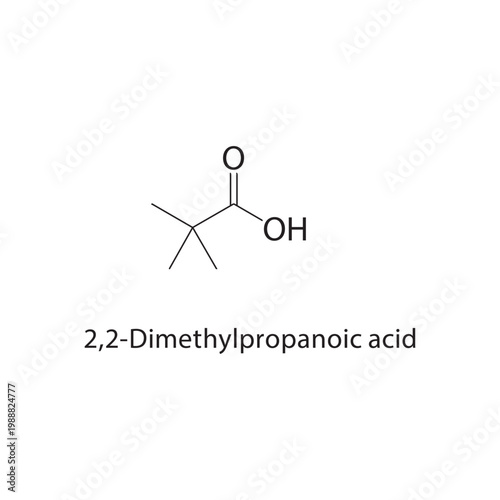 2,2-Dimethylpropanoic acid skeletal structure. carboxylic acid compound schematic illustration. Simple diagram, chemical formula.