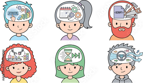 Diverse minds with different concepts visualized inside representing automation planning tools production time management and strategy vecto