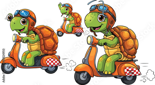 Cartoon turtle riding orange scooter vector set, cute tortoise character wearing aviator helmet and goggles, funny animal delivery mascot collection