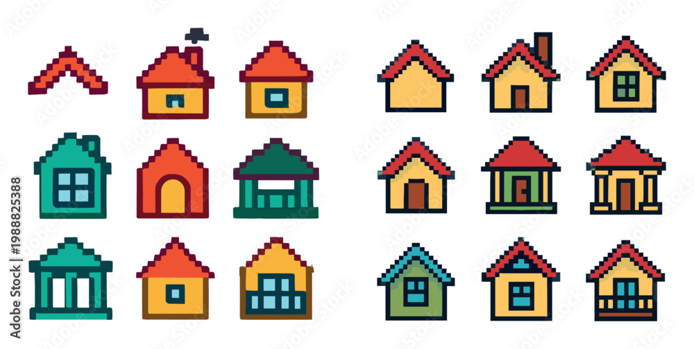 Fototapeta premium Home icons with house window door pixel