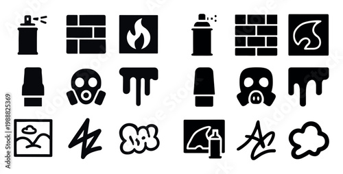 Street art icons with spray can mask brick bold