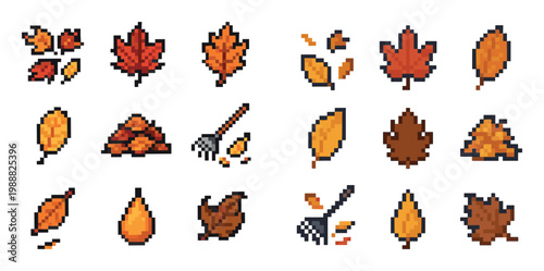 Autumn icons with maple leaves and rake pixel