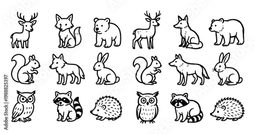 Woodland icons with fox rabbit owl cute outline