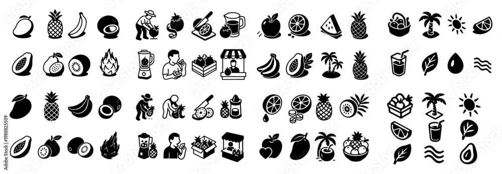 Naklejka premium Tropical icons with pineapple banana apple colorful