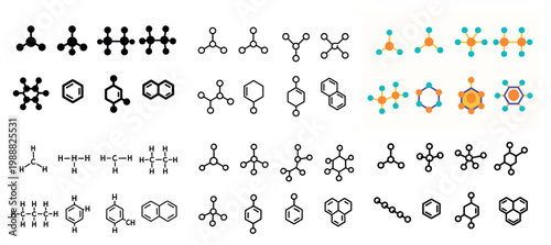 Chemistry icons with molecule ring chain simple outline