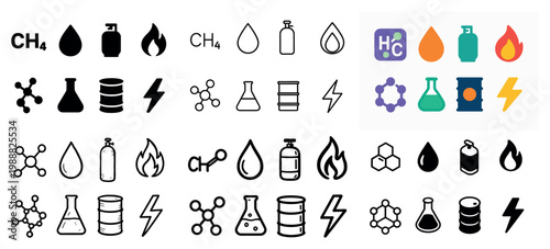 Chemistry icons with flask barrel droplet outline