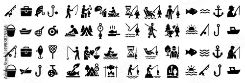 Fishing icons with rod boat bucket minimal