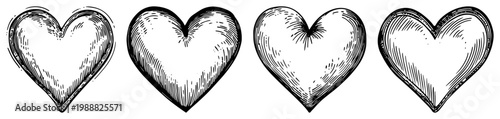 Hand drawn hearts set sketch, romantic love symbols for Valentines day, engraved style heart icons collection