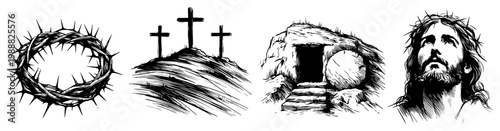 Easter religious symbols hand drawn set, Jesus Christ portrait with crown of thorns and empty tomb, crucifixion crosses on Golgotha sketch