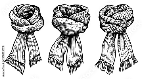 Winter scarves set hand drawn sketch, knitted wool neckwear fashion accessories, engraved style clothing elements