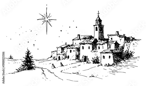 Christmas Nativity village hand drawn sketch, Bethlehem winter night with star and old town, religious holiday vector illustration