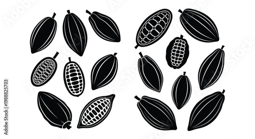 Collection of cocoa pods depicted in a striking black silhouette
