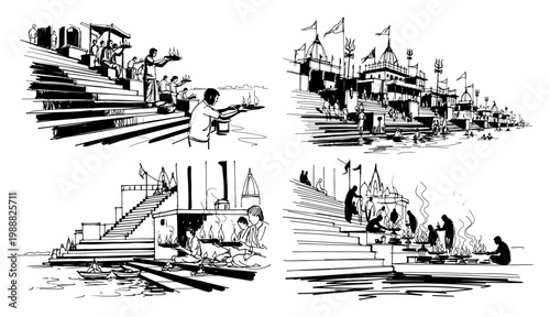 Varanasi India ghats hand drawn set, religious ritual on Ganges river bank, Hindu temple and pilgrims vintage sketch illustration