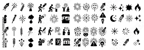 Firework icons with rocket sparkler burst outline