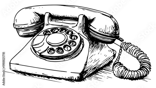 Vintage rotary dial telephone hand drawn sketch, retro classic desk phone communication technology, engraved style vector illustration