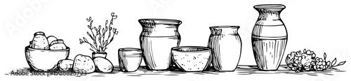Pottery and ceramic vases collection hand drawn sketch, rustic kitchenware and clay jars set vector illustration