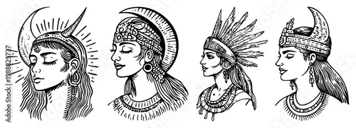 Tribal women portraits with ethnic headgear set, warrior goddess or shaman female characters with crescent moon motifs hand drawn sketch collection