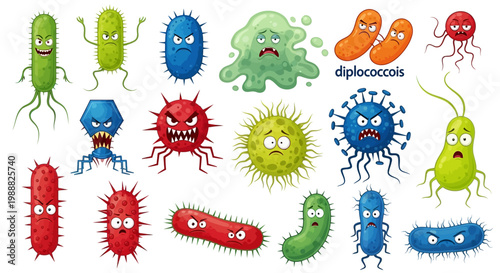 Cartoon bacteria, microbe illustrations, 16 germ icons, colorful vector set