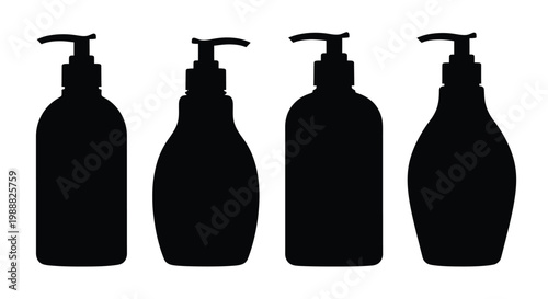 Four black soap dispensers arranged in a simple row silhouette