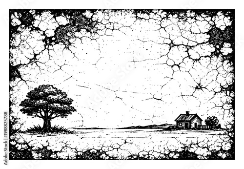 Vintage rural landscape with tree and farm house sketch, distressed cracked texture border background, rustic countryside scenery engraving