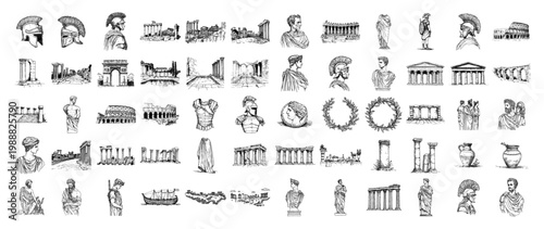 Ancient Rome and Greece icons set hand drawn sketch, Roman empire history elements, mythology architecture and statues collection, engraving style vector
